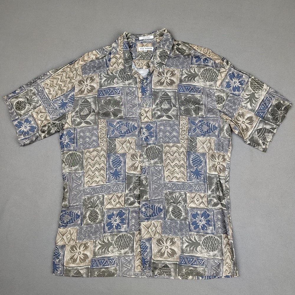 Vintage 80s Via Veneto Hawaiian Shirt Men Large Pineapple Floral Fish Casual EC